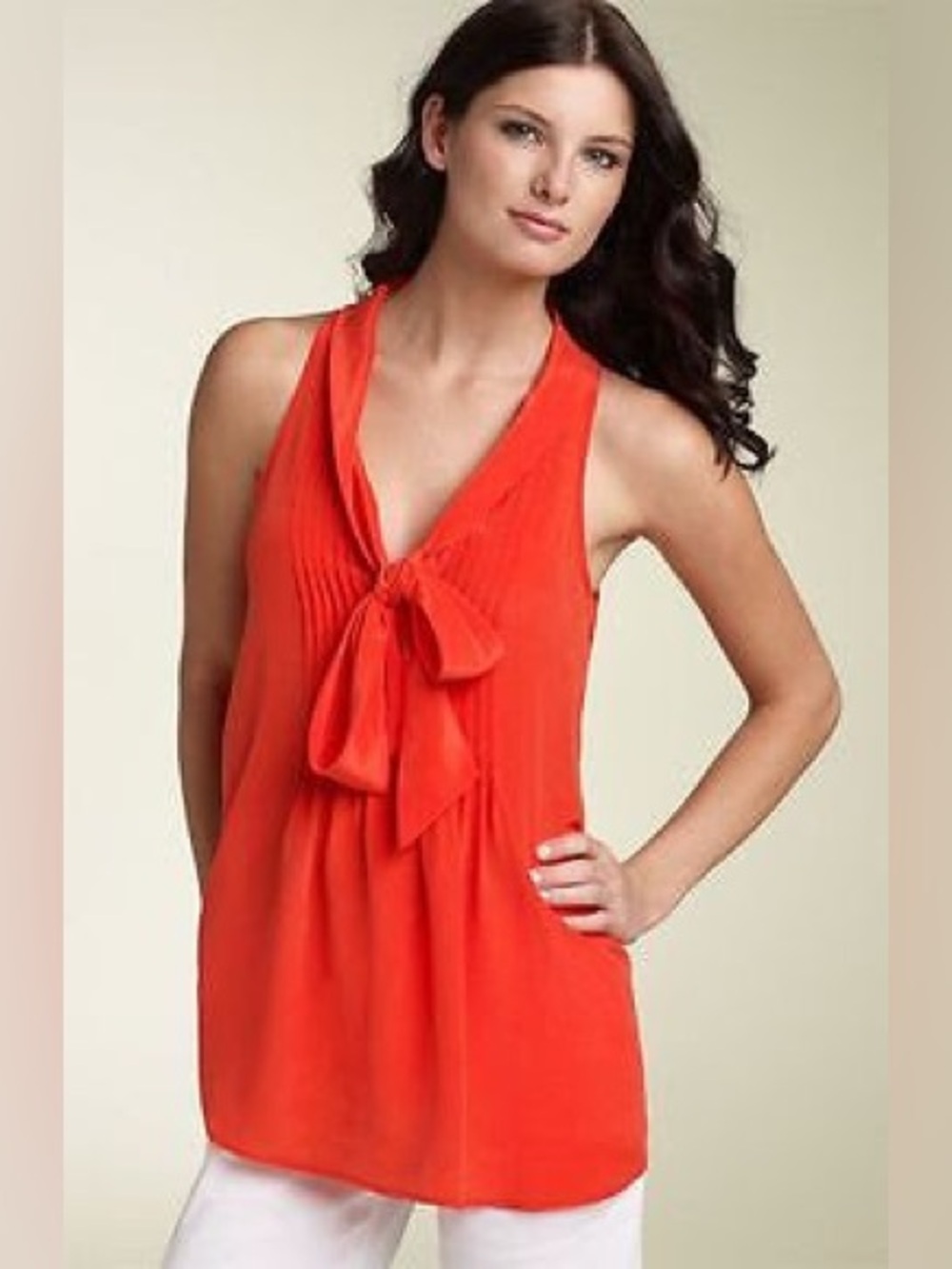 Theory Sofian 100% Silk Tie Neck Blouse Pink Coral Sleeveless Pintuck Top Size S